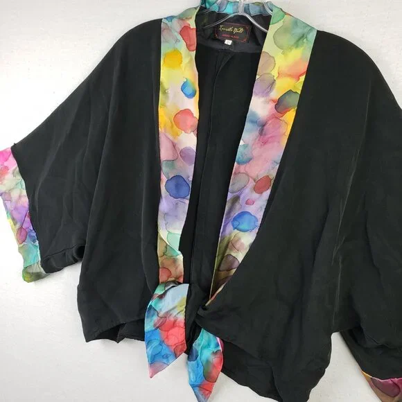 Invisible World Alaska Kimono Jacket 100% Silk Hand Painted Black size M Relaxed - Picture 9 of 14